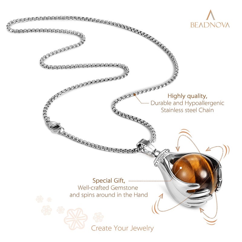 BEADNOVA Healing Natural Brown Tiger Eye Gemstone Necklace Crystal Ball Pendant Necklace with Stainless Steel Chain 18 Inches - Image 2